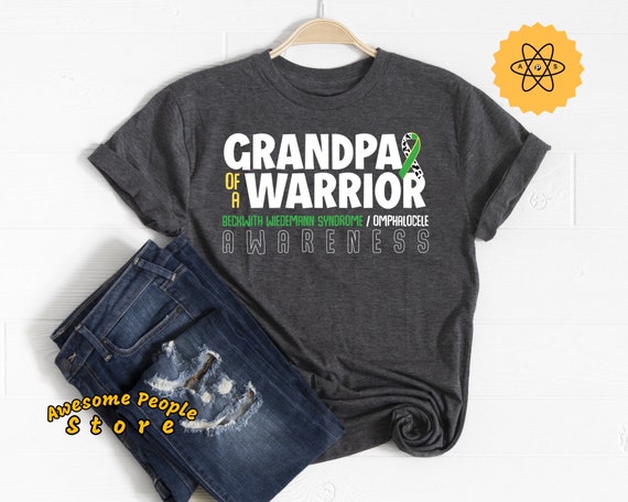 Grandpa Of A Warrior, Beckwith Wiedemann Syndrome, Omphalocele Awareness, Yellow Green Ribbon, Black Ribbon, Omphalocele Ribbon, Unisex Tee