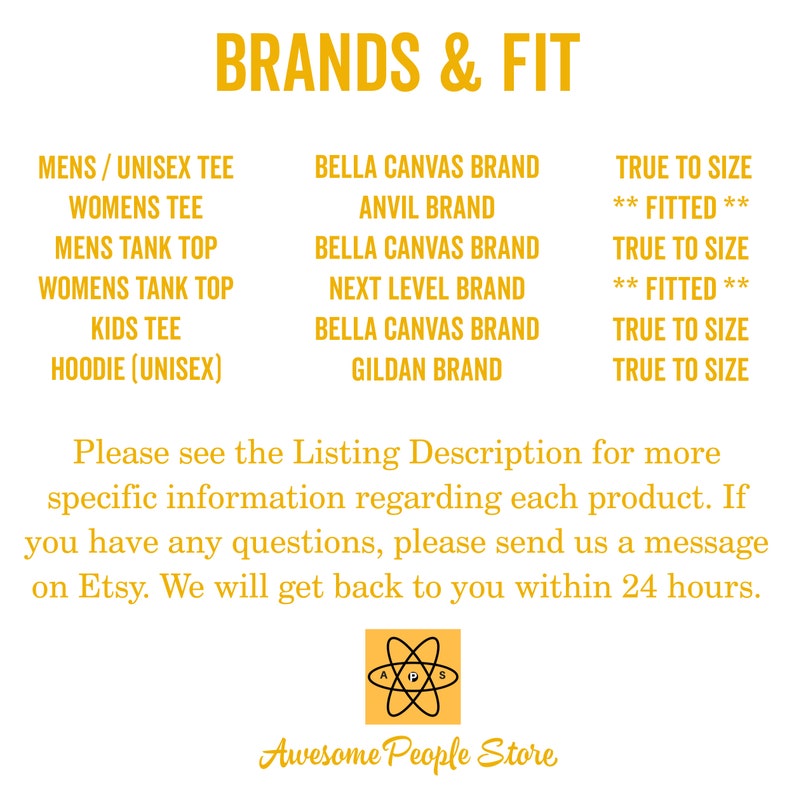 Puede incluir: Un gr&aacute;fico que enumera diferentes marcas y su ajuste para varios tipos de camisas, incluyendo camisetas unisex, camisetas sin mangas y sudaderas con capucha. Las marcas que se enumeran incluyen Bella Canvas, Anvil, Next Level y Gildan. Las opciones de ajuste incluyen talla real y ajustada.