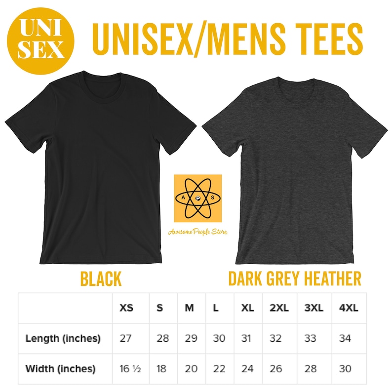 Puede incluir: Tabla de tallas para camisetas unisex en negro y gris oscuro jaspeado. La tabla muestra la longitud y el ancho en pulgadas para las tallas XS a 4XL.