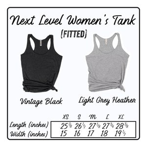 May include: A size chart for a fitted tank top in vintage black and light grey heather. The chart shows the length and width in inches for sizes XS, S, M, L, and XL.