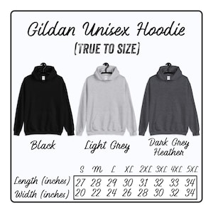 Puede incluir: Sudadera con capucha unisex Gildan en negro, gris claro y gris oscuro jaspeado. La tabla de tallas muestra la longitud y el ancho en pulgadas para las tallas S a 5XL.