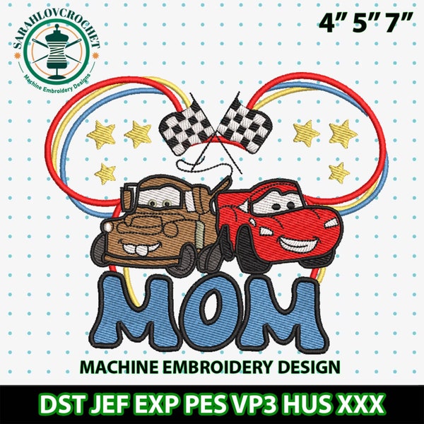 Broderie personnages de film Speed Mama, Motif de broderie maman de voiture, Cadeau pour la fête des Mères, Broderie de voiture de dessin animé, Voitures sur la route