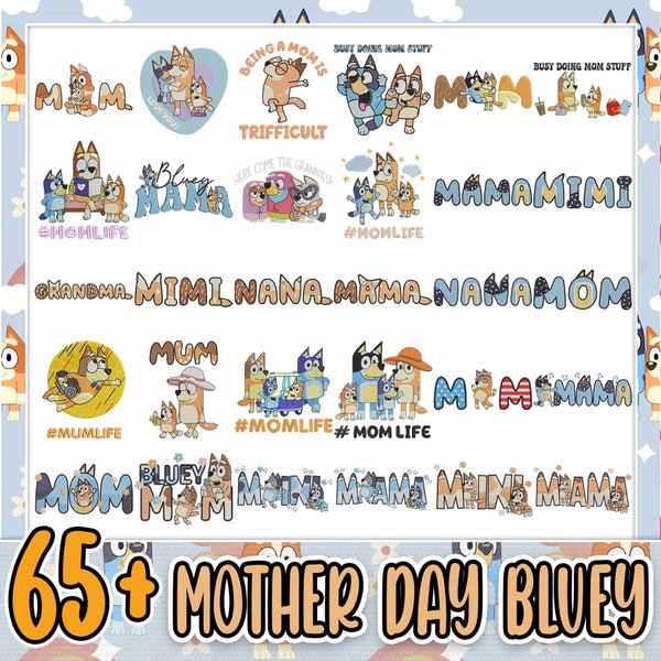 65 Cartoon Blue Dog Embroidery Bundle, Mother's Day Embroidery Design, Mama Embroidery File, Mother’s Day Gift Design, Instant Download