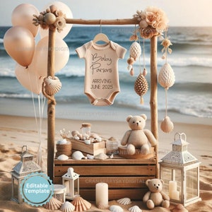 Anuncio de bebé en la playa sin ecografía, digital, género neutro, revelación de embarazo en la playa, redes sociales, baby shower de verano, regalo para futuras mamás