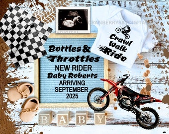 May include: A blue and white letter board with the text "Bottles & Throttles, New Rider Baby Roberts, Arriving September 2025".  A white onesie with the text "Crawl Walk Ride" and a black and white checkered flag are also in the image.  There are brown wooden blocks that spell out "BABY".