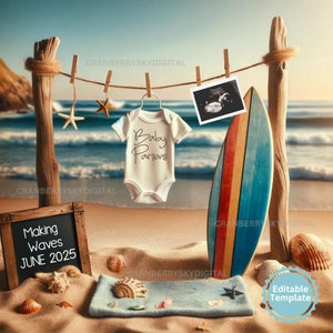 Surfer Baby Announcement: Beach Pregnancy Reveal (Digital)