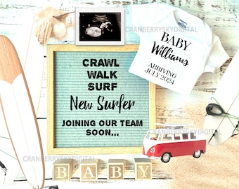 Anuncio de bebé surfista: Revelación de embarazo en la playa (digital)