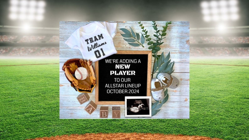 Digitale Sport-Babymitteilung, bearbeitbare Baseball-Schwangerschaftsankündigung, Baseball-Babymitteilung, All-Star-Lineup-Babymitteilung Bild 3