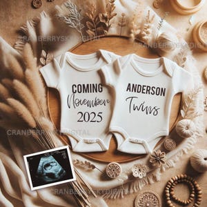 Anúncio de gravidez de gêmeos digitais, anúncio de gravidez de gêmeos nas redes sociais, gêmeos de outono revelam presente editável de gênero neutro para futuras mamães