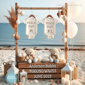 Anuncio de embarazo de gemelos, anuncio digital de bebé playero, redes sociales, naturaleza, verano, revelación de bebé, regalo para amantes de la playa para futuras mamás.