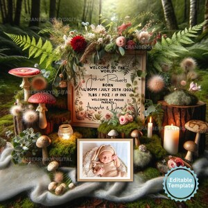 Modèle numérique de faire-part de naissance Faire-part de bébé forêt magique Réseaux sociaux bébé personnalisable - Cadeau de statistiques de naissance pour nouveau-né
