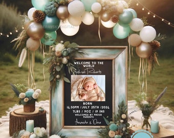 Birth Announcement Digital Download Gender Neutral Boho Nature Baby Announcement  Birth Stats Social Media Template Summer Newborn Gift