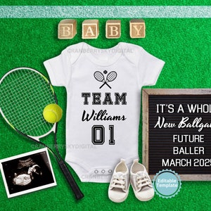Faire-part de grossesse de tennis pour fan de sport Faire-part de grossesse sur les réseaux sociaux Révéler le cadeau de grossesse de tennis pour joueur de tennis Future maman