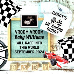 Digital Racing Baby Announcement, Racing Pregnancy Announcement, Race car baby announcement,Daddy's little Racing buddy baby announcement,