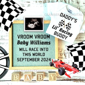 Digital Racing Baby Announcement, Racing Pregnancy Announcement, Race car baby announcement,Daddy's little Racing buddy baby announcement,