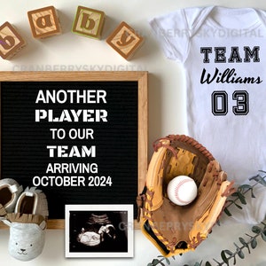 Celebrate the newest addition to your lineup with our Baseball Baby Announcement,festures custom text baby onesie, shoes, baseball glove holding a baseball. Custom ultrasound photo and text on felt letter board. Cute baby shoes and blocks.