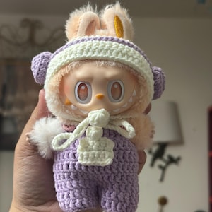 Crochet Labubu Doll Outfit: Bunny Hat & Overalls - Fits Pop Mart 17cm