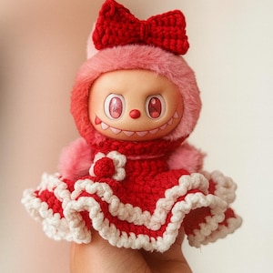 Handmade Crochet Labubu Dress: Red Bow Ruffled Outfit, 17cm Doll