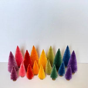 Set of 18 Rainbow Bottle Brush Trees  | 4 and 6 inches tall | Hand Dyed Sisal Bottlebrush Tree | Vintage Retro Christmas Decor |