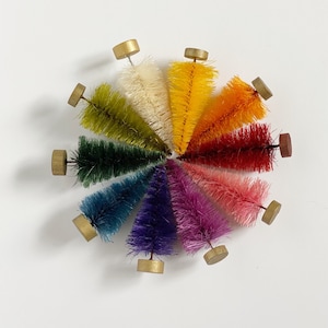 Individual Small Rainbow Bottle Brush Trees | Hand Dyed Sisal Bottlebrush Tree | Vintage Rustic Retro Christmas Decor | 3 inch 4 inch 6 inch