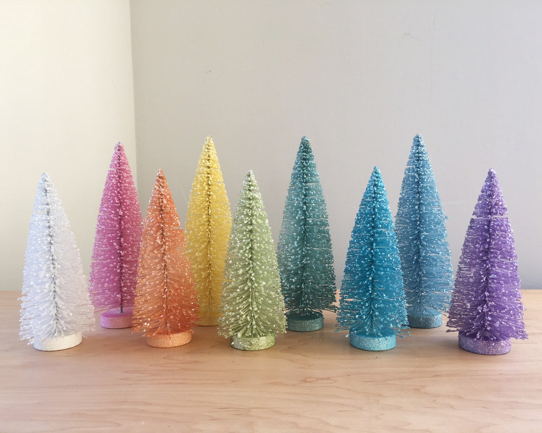 Iridescent Snowy Glitter Rainbow Retro Bottle Brush Tree 8 and 10 Inch