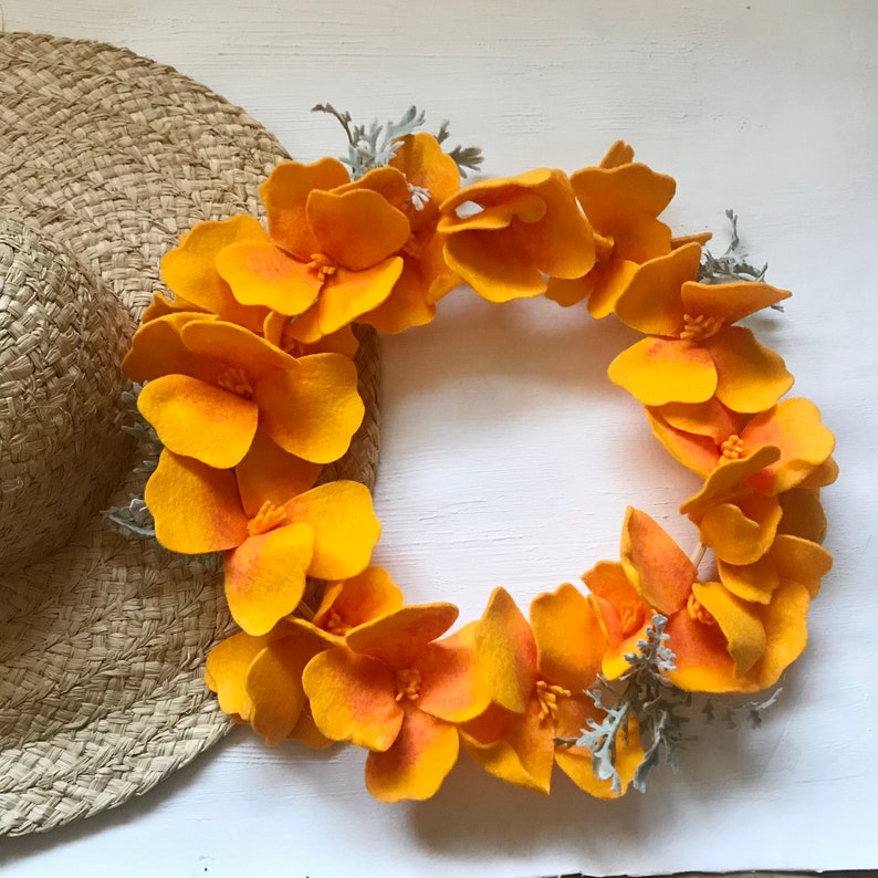 California Poppies Farmhouse Wreath Felt Flowers Cottage Etsy
