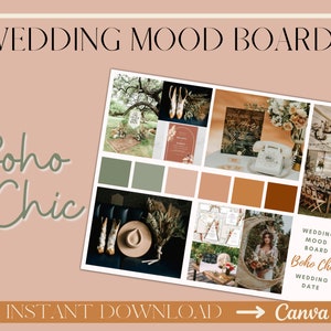 Tablero de estado de ánimo para bodas bohemias / Diseño bohemio en tonos marrones neutros / Kit de tablero de estado de ánimo / Diseño de bodas / Plantilla Canva DIY / Boda boho /