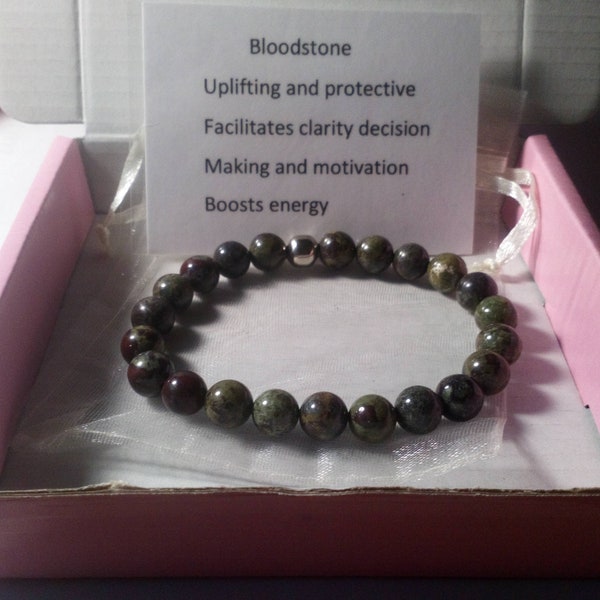 Reiki Infused 8mm Bloodstone (Dragons Blood) Gemstone  Elasticated Beaded Bracelet
