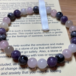 Puede incluir: Un brazalete hecho con cuentas de amatista, cuarzo rosa y obsidiana negra. El brazalete está sobre una superficie blanca con texto sobre las propiedades curativas de los cristales.