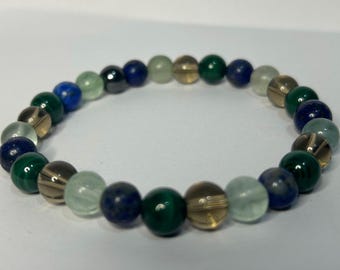 Neck Pain Support Bracelet Made From 8mm Gemstone Beads Flourite Malachite Smoked Quartz Lapis Lazuli Elasticated Various Size Made To Order