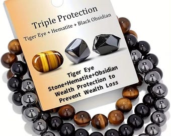 Triple Protection Support Made From  Three Separate 8mm Beaded Bracelets Hemitite Obsidian And Tigers Eye Handmade to Order Various sizes