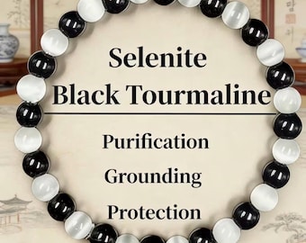 Protection Grounding And Purification Bracelet Handmade To Order Made From selenite And Tourmaline 8mm Gemstone Beads In Various Sizes