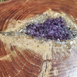 Accent table wood slab resin crystal small drink geode rustic petrified hairpin legs custom commission amethyst smokey quartz round