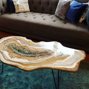 Geode Table Resin Epoxy Side End Coffee Commission large Personalized modern decor Hollywood blue gold silver metal Midcentury Livingroom