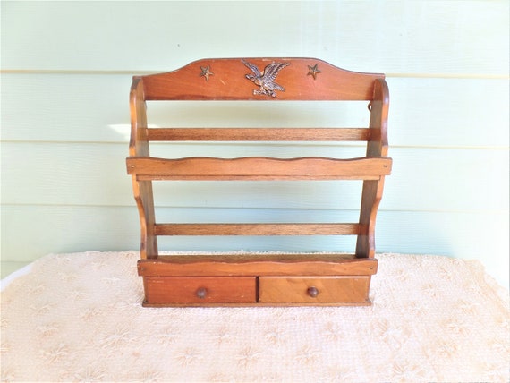 Vintage Large Wood Wall Hanging Shelf With 2 Drawers Eagle