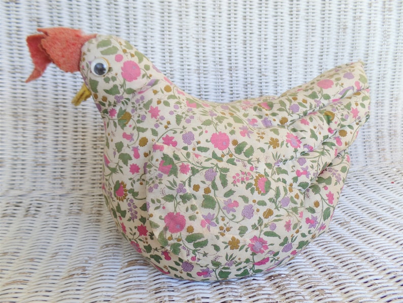 Vintage stuffed rooster door stop hand made floral cloth folk art 1970/'s retro home decor