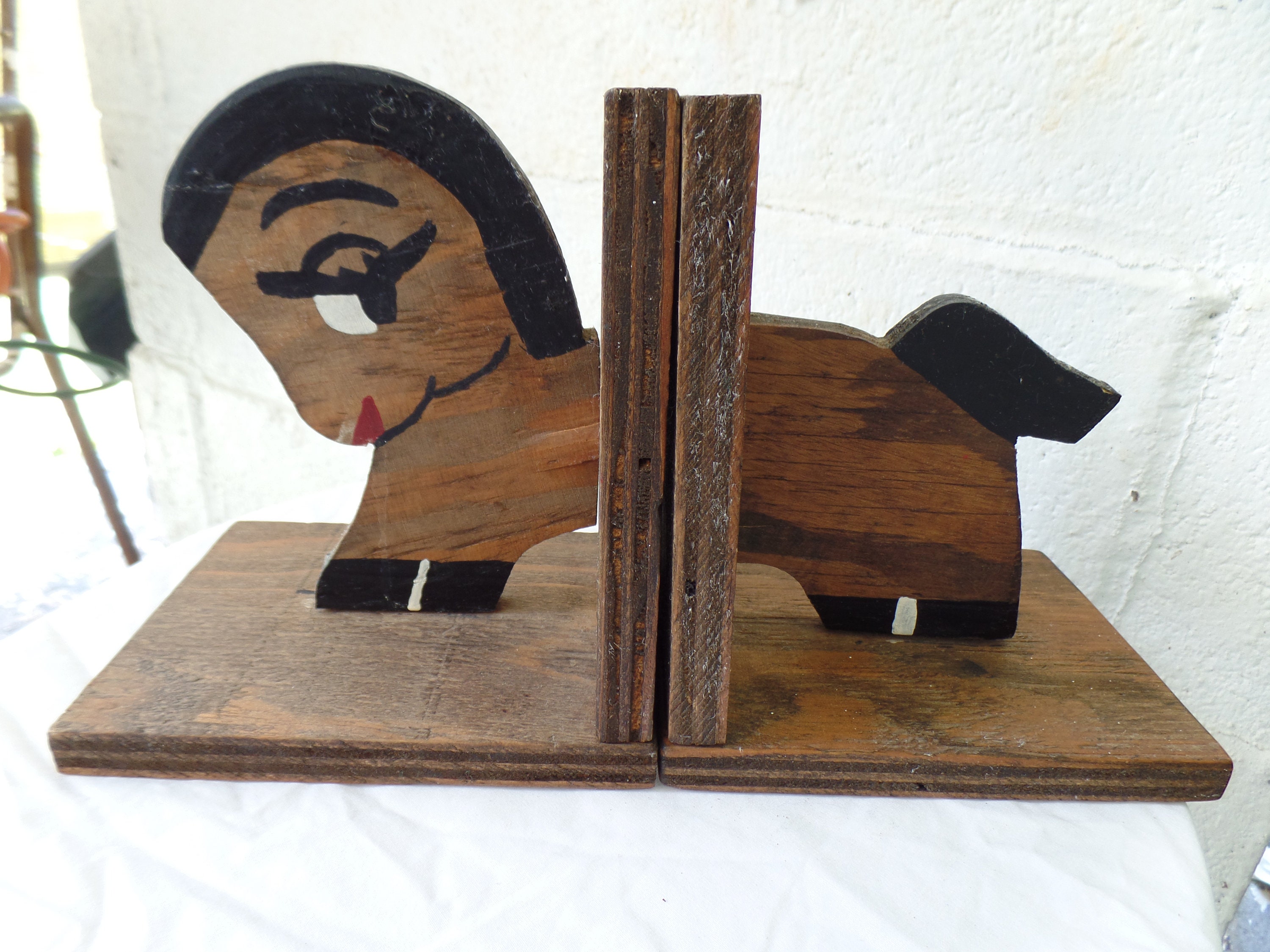 Vintage Handcut Horse Profile Repainted Custom Color Mix Wooden Bookend