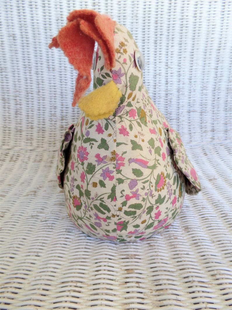 Vintage stuffed rooster door stop hand made floral cloth folk art 1970/'s retro home decor