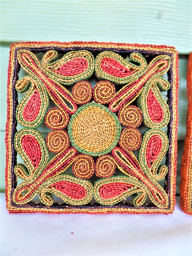 Vintage Set of 2 Vibrant Multi Colored Straw Trivets With Etsy