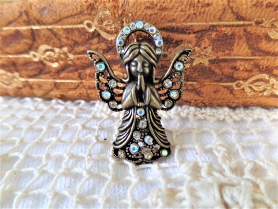 Vintage Rhinestone & Bronze Metal Angel Brooch, Vi
