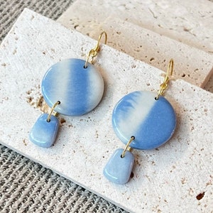 Blue Marbled Porcelain Earrings: Handmade Ceramic Dangle with 14k Gold Filled Wires