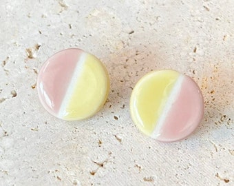 Handmade Porcelain Stud Earrings: Pink & Yellow Minimalist Ceramic Jewelry