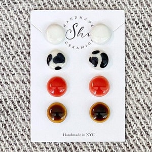 Round Mini Porcelain Handmade Everyday Post Stud Earrings, Hypoallergenic Handmade Ceramic Stud Earrings, Unique Gift, Cow Print, Minimalist