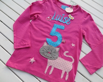 Geburtstagsshirt in pink Katze, Zahl und ggf. mit Namen Gr. 92, Gr. 98, Gr. 104, Gr. 110, Gr. 116