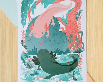 Axolotl Art, Axolotl Love, Axolotl Valentine, Axolotl Gifts, Cute Axolotl Stuff, Quirky Wall Art, Cute Wall Art, Cute Couple Art, Gift Art
