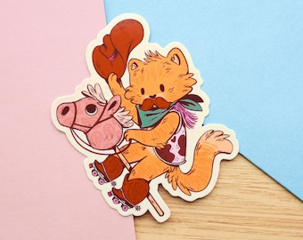 May include: A cartoon illustration of a cat wearing a cowboy hat and bandana riding a rocking horse on roller skates. The cat is orange and white, and the rocking horse is pink.