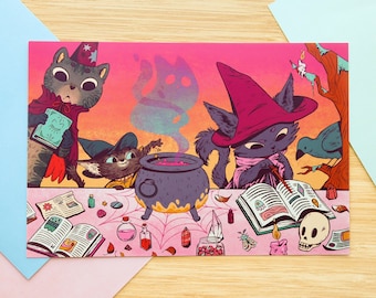 Arte de gato brujo, gato mágico, impresión artística de gato lindo, decoración de witchcore, mago gato, impresión de alquimia, magia felina, regalo para amantes de los gatos, meowgical, arte de brujas