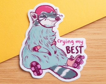 Crying My Best, Roller Derby Stickers, Roller Skating Sticker, Trying My Best Sticker, Crybaby Sticker, Trash Pandas, Raccoon Gifts, Racoon