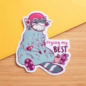 Je pleure, Stickers roller derby, Sticker patinage à roulettes, Sticker Trying My Best, Sticker bébé fille, Trash pandas, Cadeaux raton laveur, Raton laveur