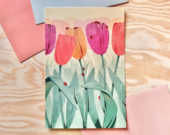 Tulips Art Print, Garden Artwork, Gardener Art, Tulip Gift, Ladybug Art, Colorful Nature Wall Art, Springtime Decor, Floral Aesthetic